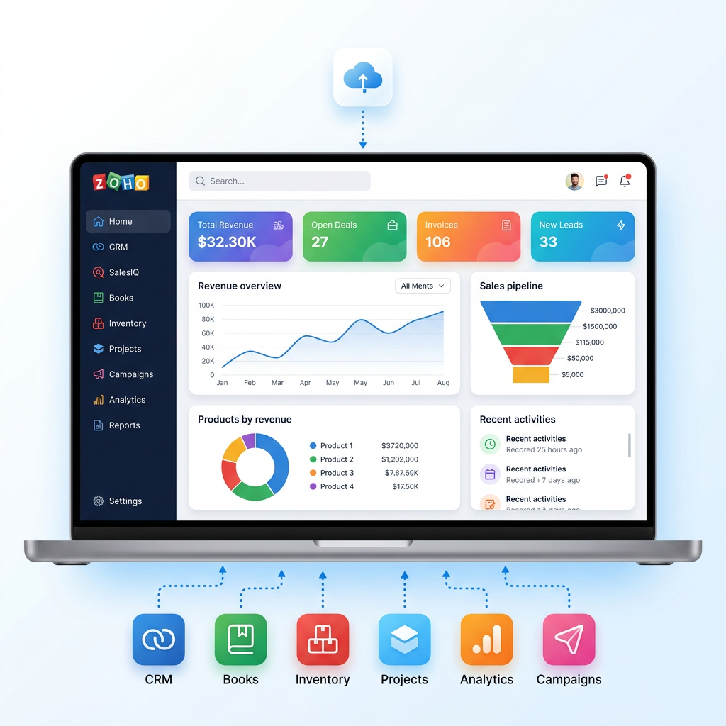 Zoho One business dashboard on laptop